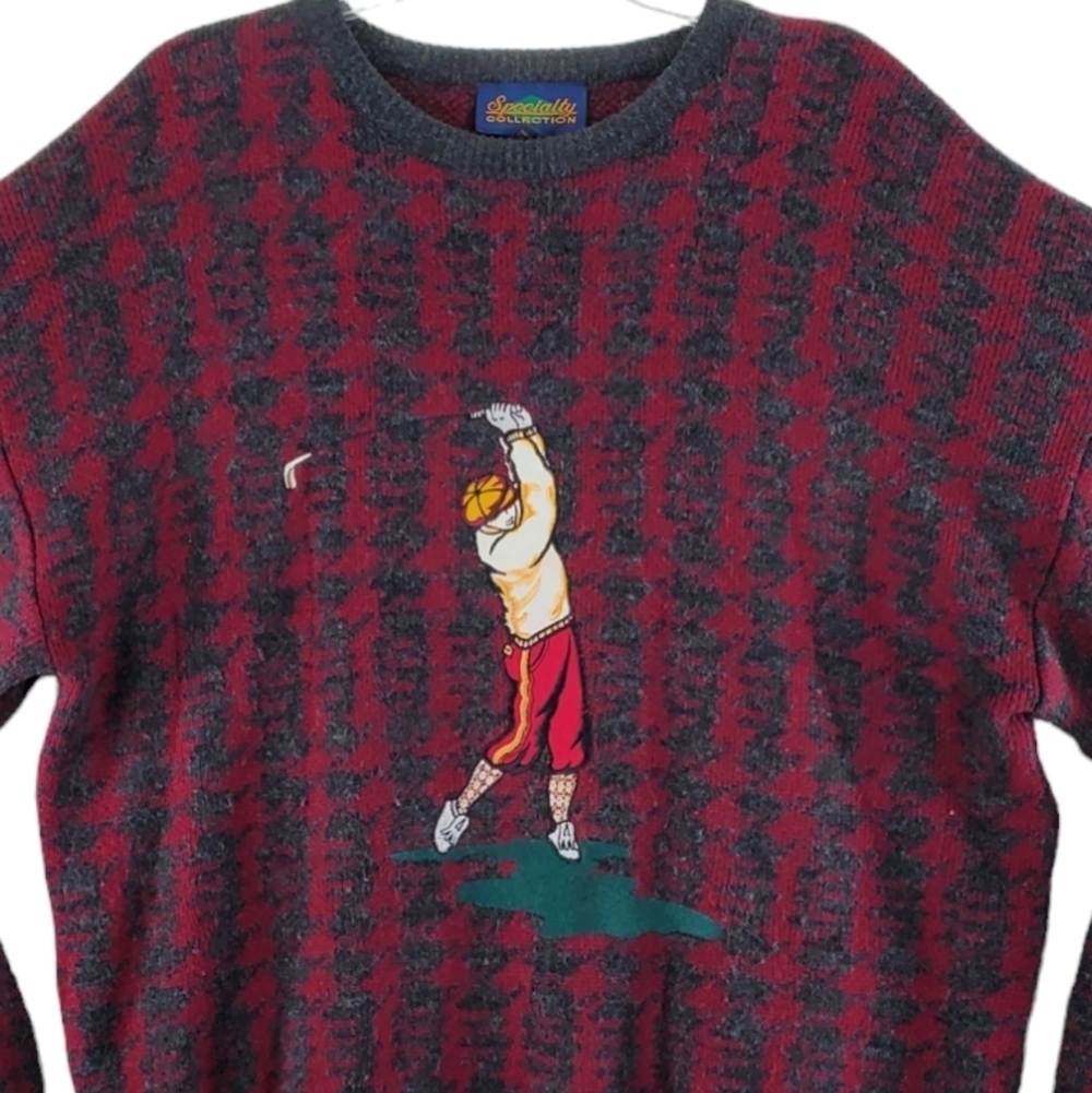 Vtg Golf Motif Knit Sweater Mens XL Maroon Red Gray Embroidered Crewneck L/S